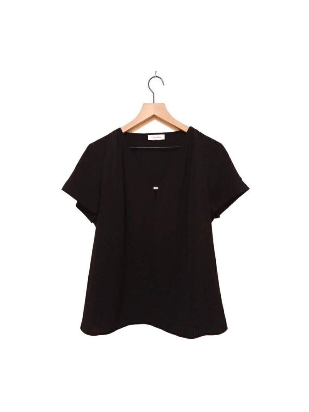 Calvin Klein Black V-Neck Short Sleeve Sheer A-Line Blouse Sz M